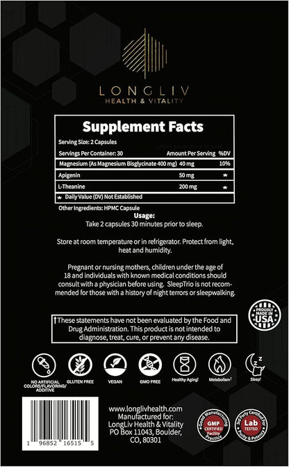 Sleep Trio - Made in USA Magnesium Apigenin L-Theanine Capsules – Premium 3-in-1 Cocktail for Sleep Management - Sleep Cocktail – Without Melatonin - 60 Capsules