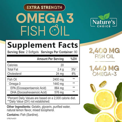 Triple Strength Omega 3 Fish Oil Supplement, EPA & DHA Fish Oil Omega 3 Essential Fatty Acids Supplement Softgels, 2400 mg Brain & Heart Health Support Supplements, Gluten Free, Non-GMO, 180 Softgels