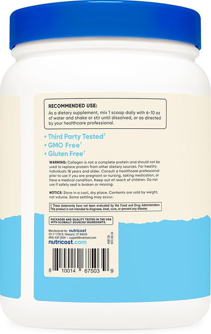 Nutricost Pure Collagen Hydrolysate (Bovine) Powder (2 Pack) - Grass Fed Bovine Collagen, 1LB Per Bottle