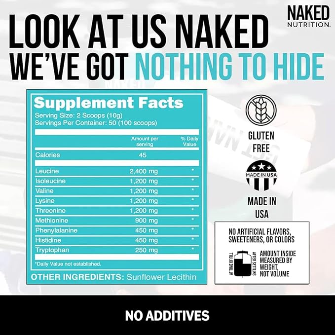 NAKED EAAs Amino Acids Powder - 50 Servings - Vegan Unflavored Essential Amino Acids 500 Grams - Instantized All Natural EAAs Powder Supplement