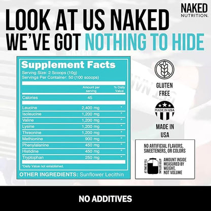 NAKED EAAs Amino Acids Powder - 50 Servings - Vegan Unflavored Essential Amino Acids 500 Grams - Instantized All Natural EAAs Powder Supplement