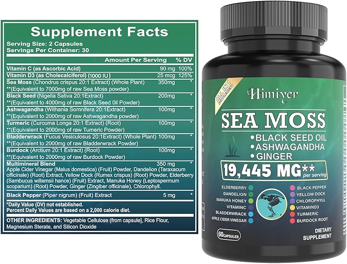 2pcs, Ultimate Wellness Bundle - Boost Energy, Immunity & Brain Function with 7000mg Sea Moss, 4000mg Black Seed Oil, 2000mg Ashwagandha, 9000mg Ginger & Shilajit, Vegan-Friendly Supplement