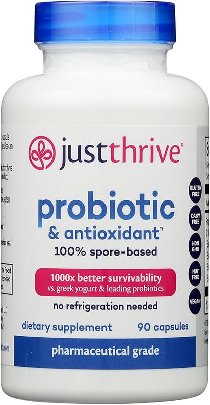 Just Thrive Probiotic & Antioxidant Supplement - 100% Spore-Based Digestive and Immune Support - Gluten Free, 90 Caps