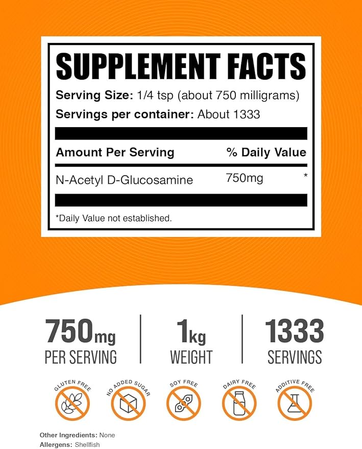 BulkSupplements.com N-Acetyl Glucosamine Powder - NAG Powder, Glucosamine 750mg, Glucosamine Supplement - Gluten Free, 750mg of per Serving, 1kg (2.2 lbs) (Pack of 1)
