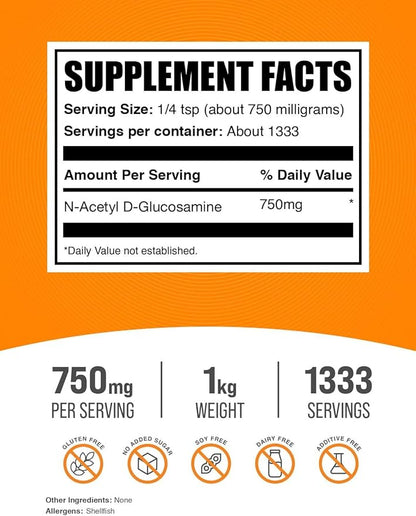 BulkSupplements.com N-Acetyl Glucosamine Powder - NAG Powder, Glucosamine 750mg, Glucosamine Supplement - Gluten Free, 750mg of per Serving, 1kg (2.2 lbs) (Pack of 1)
