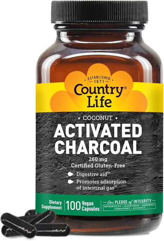 Country Life Coconut Activated Charcoal Capsules, 260mg – Natural Charcoal Supplement for Gas and Bloating Relief - Gluten-Free, 100 Vegan Capsules