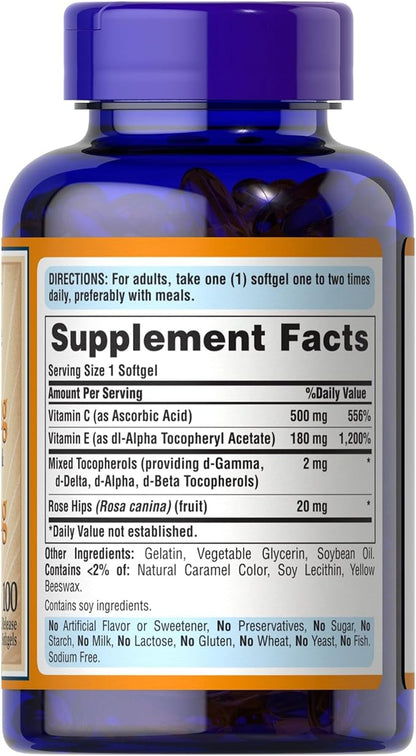 Puritan's Pride Premium Vitamin C-500mg with Rose HIPS and Vitamin E-400, Vitamin Supplement for Antioxidant, Heart, Circulatory, and Immune System Support, 100 Rapid Release Softgels