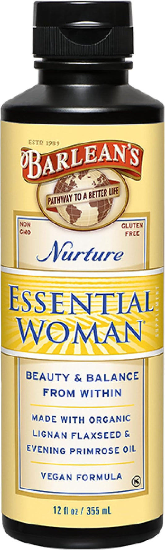 Barlean's Essential Woman Liquid Supplement for Women, Organic Flaxseed, Evening Primrose Oil and Soy Isoflavones, Omega 3 6 9 and GLA, 12 oz