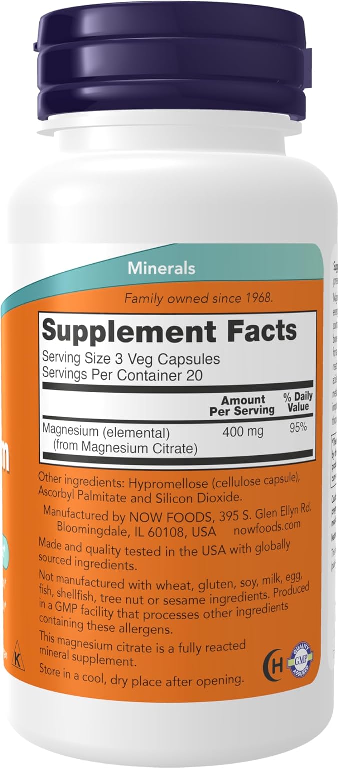 NOW Supplements, Magnesium Citrate, Enzyme Function*, Nervous System Support*, 60 Veg Capsules
