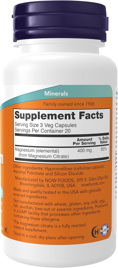 NOW Supplements, Magnesium Citrate, Enzyme Function*, Nervous System Support*, 60 Veg Capsules