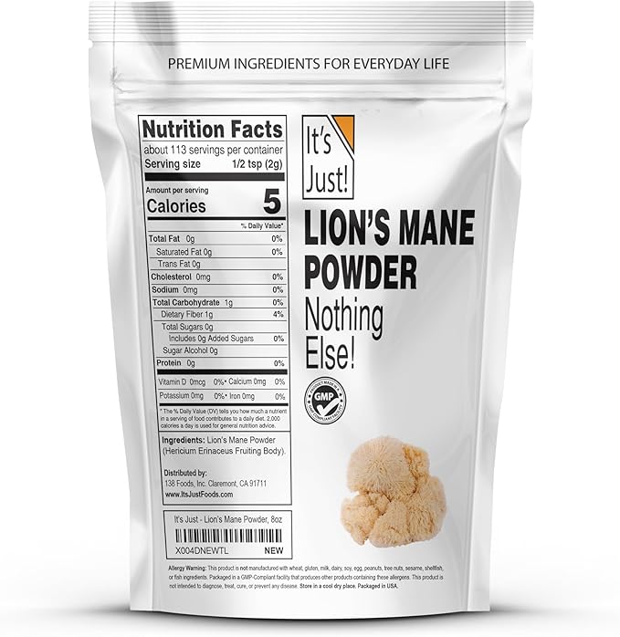 It's Just! - Lion's Mane Mushroom Powder, Natural Raw Superfood, Brain Support, Immune Health, Boost Energy, Non-GMO, 8oz