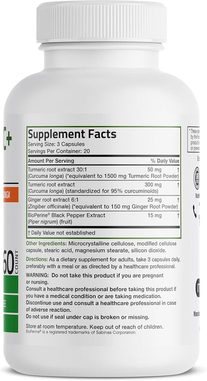 Bronson Turmeric + Ginger Extra Strength Joint Health & Digestion Support with BioPerine, Non-GMO, 60 Vegetarian Capsules