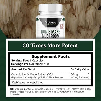 Lions Mane Supplement Capsules 30x Potency Extract Mushroom Supplement 4 Month Supply 120 Count