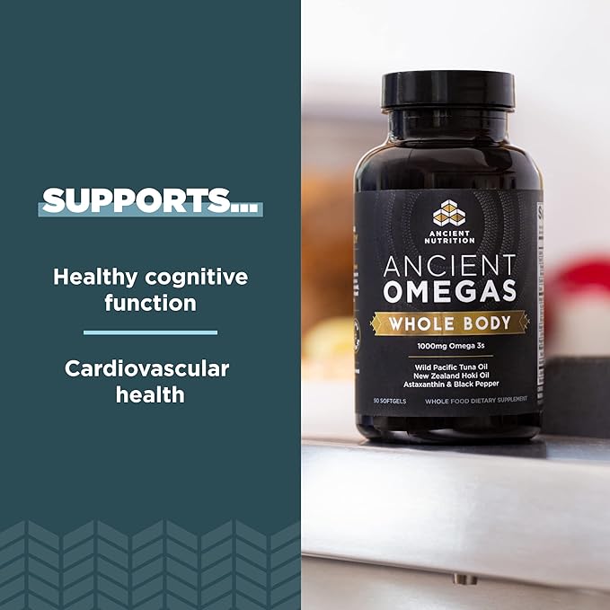 Ancient Nutrition Ancient Omegas Whole Body - ALA, DHA, EPA, ETA from Wild Caught Fish - 90 Capsules