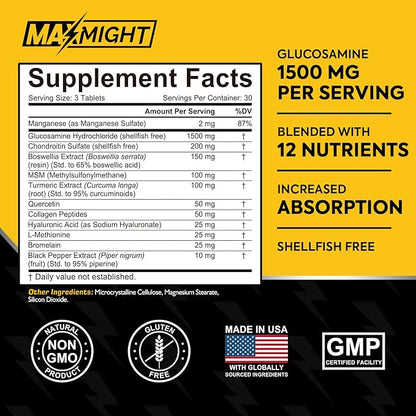 Glucosamine Chondroitin MSM Turmeric, Boswellia, 12-in-1, Joint Comfort, Mobility, Lubrication & Strength for Men Women & Senior, 90 Tab, No Shellfish