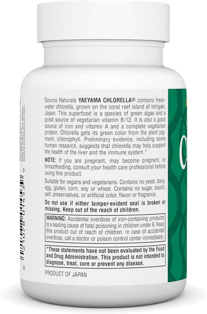 Source Naturals Yaeyama Chlorella 200 mg Green Superfood, Plant-Based B12-300 Tablets