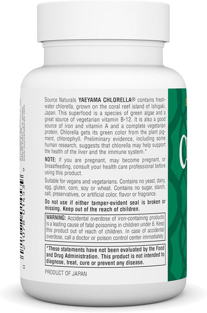 Source Naturals Yaeyama Chlorella 200 mg Green Superfood, Plant-Based B12-300 Tablets