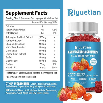 Ashwagandha Gummies for Women & Men - Stress Relief, Immune Support & Increased Energy - Sugar Free, Vegan - Organic Ashwagandha Root Supplements Gummy- Natural Strawberry Flavor (60 Count)