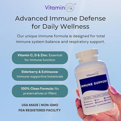 Immune Support Supplement with Vitamin C and Zinc, Sambucus Elderberry, Vitamin D3, Glutathione, Echinacea Capsules - Natural Immune Booster Herbal Supplements - Vegan, Gluten-Free (60ct)