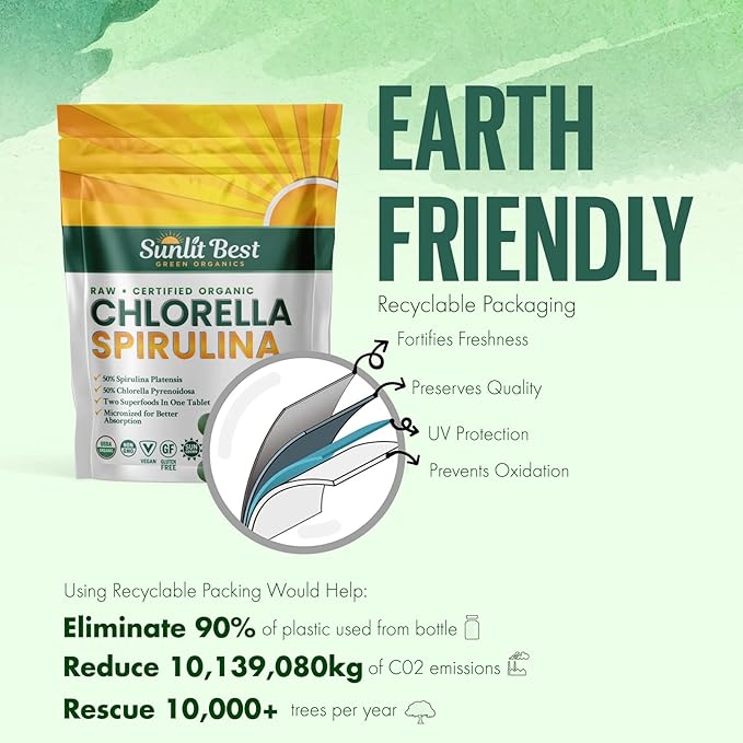 Sunlit Best Chlorella Spirulina Tablets - Organic USDA, Premium Spirulinas and Chlorella Capsules 500 Pills - Chlorellas Natural Superfood with Spirulina Algae, Enzymes Chlorophyll & Vegan Protein