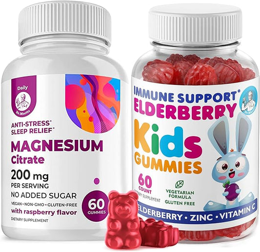 Elderberry Gummies for Kids and Magnesium 200 mg Gummies Sugar-Free - Healthy Immune System Booster and Health Support with Elderberries Extract with Magnesium Calm Chews for Kids & Adults Sugar-Free