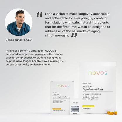 NOVOS Core Longevity Mix, Anti-Aging Supplement, Drink Powder Packet Orange Flavor - Skin Support, Energy, Mood Support, Sleep and Cognition Support - 30 Servings