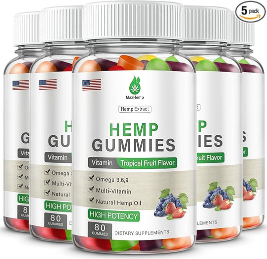 Hemp Gummies - 5 Packs Hemp Gummy 100% Natural Organic Extra Strength High Potency with Pure Hemp Oil Extract Vegan Bear Candy