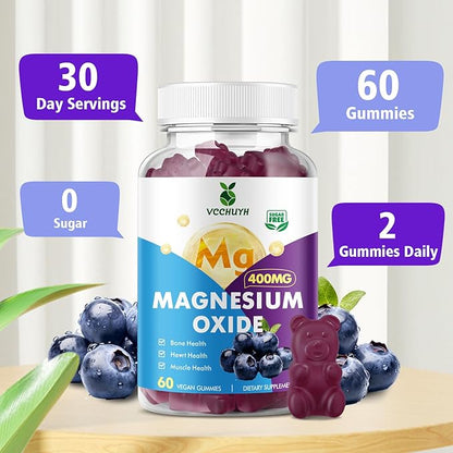 Magnesium Oxide Gummies 400mg, Sugar Free Magnesium Oxide Supplement for Adults & Kids, Muscle Support & Energy Boost, Non GMO, Blueberry Flavor 60 Count