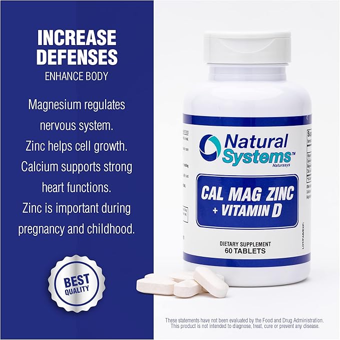 Calcium Magnesium Zinc Vitamin D Supplement 60 Tablets by Natural Systems - Calcium Magnesium Zinc and VIT D Supplements for Strong Immune System - Magnesium Supplement for The Immune System