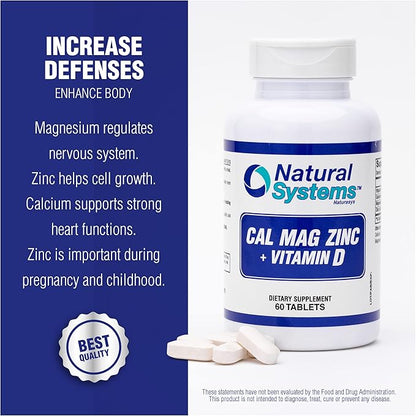Calcium Magnesium Zinc Vitamin D Supplement 60 Tablets by Natural Systems - Calcium Magnesium Zinc and VIT D Supplements for Strong Immune System - Magnesium Supplement for The Immune System