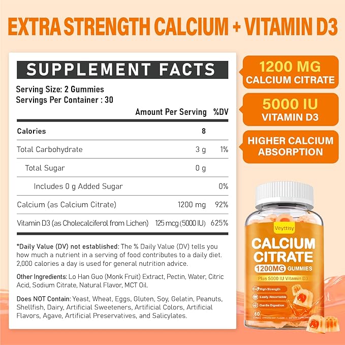 Calcium 1200 mg with Vitamin D3 Gummies for Adults - Calcium Citrate with Vitamin D3 5000iu for Ultimate Absorption - Calcium Supplement for Women Men - Sugar Free, Non-GMO, Natural Strawberry Flavor