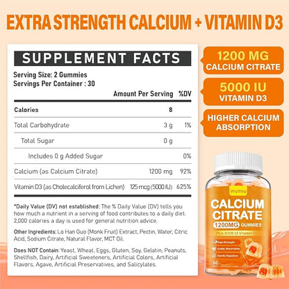 Calcium 1200 mg with Vitamin D3 Gummies for Adults - Calcium Citrate with Vitamin D3 5000iu for Ultimate Absorption - Calcium Supplement for Women Men - Sugar Free, Non-GMO, Natural Strawberry Flavor