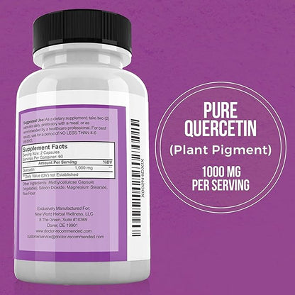 DOCTOR RECOMMENDED SUPPLEMENTS Quercetin 1000mg Per Serving - 120 Veggie Capsules, Vitamin Supplement, 60 Day Supply, (Vegan and Non-GMO)