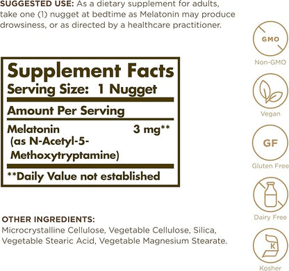 Solgar Melatonin 3 mg - 120 Nuggets - Helps Promote Relaxation & Rest - Non-GMO, Vegan, Gluten Free, Dairy Free, Kosher - 120 Servings