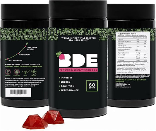 BDE Wildcrafted Sea Moss Gummy Maca Root, Beets, Lions Mane Mushroom, Vitamin D + E - Vegan Collagen, Zinc, Immunity & Detox, Gut Health - 60 Count