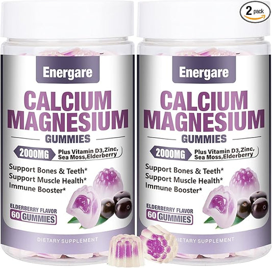 2 Packs Calcium Magnesium Zinc Gummies with Vitamin D3, Sea Moss, Calcium Gummies for Bone, Muscles, Calm Mood Support, Supplements for Kids & Adults, Sugar-Free, Vegan, Elderberry Flavor, 120ct