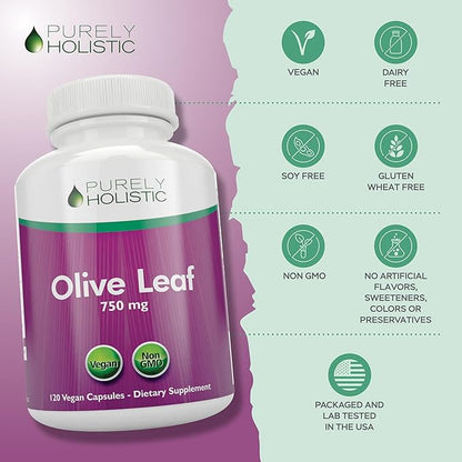 Purely Holistic Olive Leaf Extract 750mg Non-GMO Maximum Strength - 120 Vegan Capsules - 20% Oleuropein - 4 Month Supply - Support Supplement