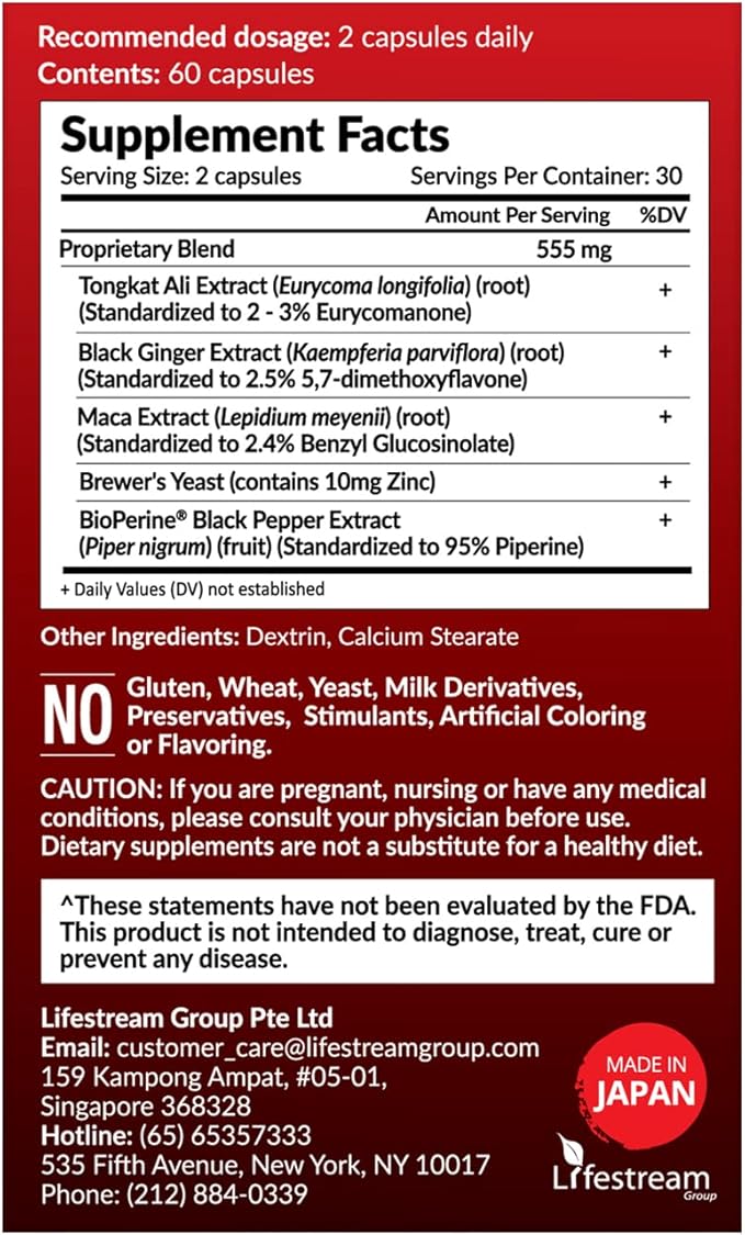 LABO Nutrition MacaMaxima Peruvian Maca Root, Tongkat Ali, Black Ginger, Zinc and Black Pepper Extract Supplement for Men and Women, Supports Reproductive Health, Energy, Stamina- Non-GMO, Vegan Pills