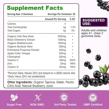 2 Pack Elderberry Gummies with Sea Moss, Extra Strength Elderberry with Vitamin C, Zinc for Immune Support for Adults, Kids, Women & Men, Blueberry Flavor 120Cts