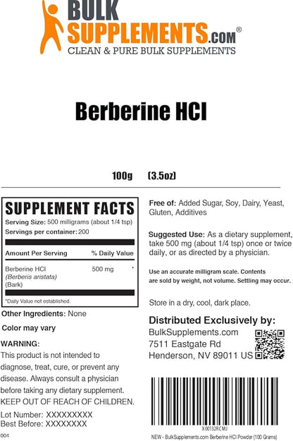 BulkSupplements.com Berberine HCl Powder - Berberine Supplement, Berberine 500mg, Berberine Powder - Gluten Free, 500mg per Serving, 100g (3.5 oz) (Pack of 1)