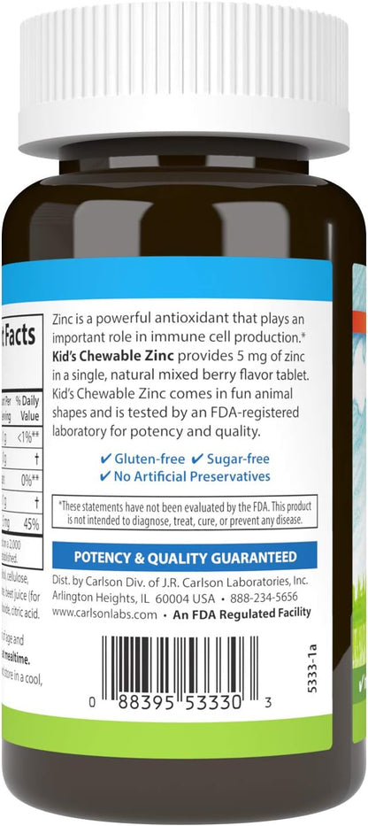 Carlson - Kid's Chewable Zinc, 5 mg, Health Support, Natural Mixed Berry Flavor, 84 Tablets