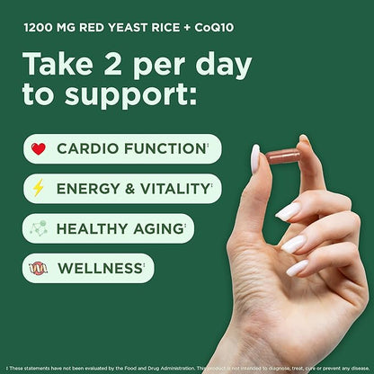100% Natural Red Yeast Rice 1200 mg with CoQ10 100 mg, 2 in 1, Maintain Healthy Cholesterol Levels - 120 Veggie Capsules