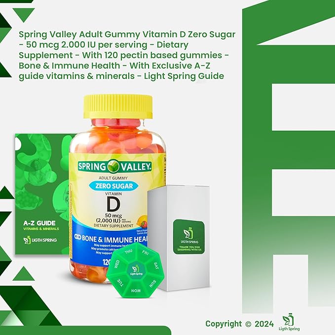 Zero Sugar Vitamin D Spring V Gummies, 50 Mcg (2,000 IU), 120 Count, Lemon, Orange & Strawberry Flavors, Supports Bone & Immune Health + Better Ligth&Spring Guide