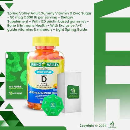 Zero Sugar Vitamin D Spring V Gummies, 50 Mcg (2,000 IU), 120 Count, Lemon, Orange & Strawberry Flavors, Supports Bone & Immune Health + Better Ligth&Spring Guide