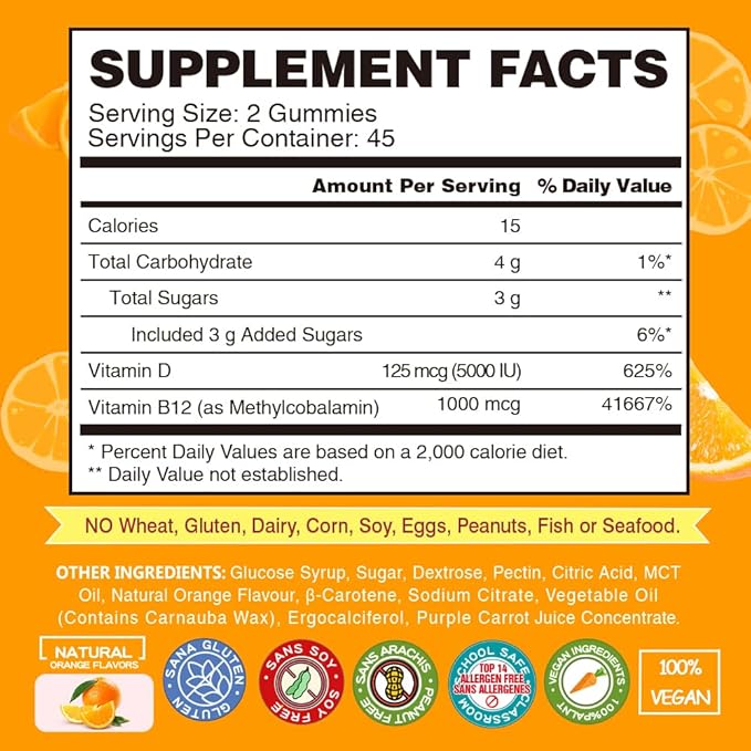 Vegan Vitamin D3 & B12 Gummies, Methyl B12 Supplement for Adults & Kids, Enhanced with Vitamin D 3 for Natural Energy, Immune, Metabolism & Focus, Orange, 90 Gummies