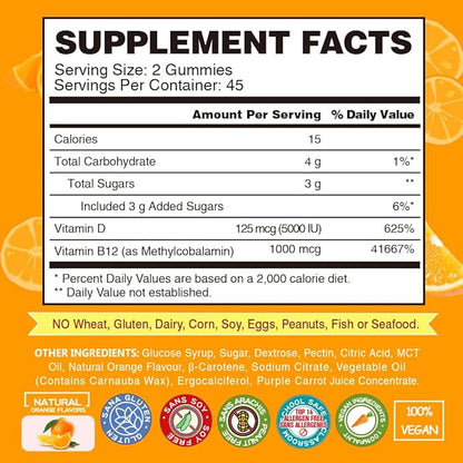 Vegan Vitamin D3 & B12 Gummies, Methyl B12 Supplement for Adults & Kids, Enhanced with Vitamin D 3 for Natural Energy, Immune, Metabolism & Focus, Orange, 90 Gummies