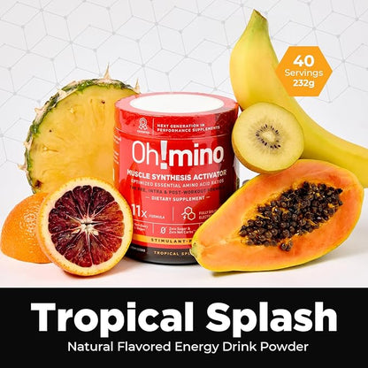 Ohmino Essential Amino Acids for Muscle Gain - BCAAs and EAA Amino acids Powder Supplement, Pre & Post Workout - Non Caffeine, Non Dairy, Vegan, Zero Sugar & Net Carbs - 40 Servings (Tropical Splash)