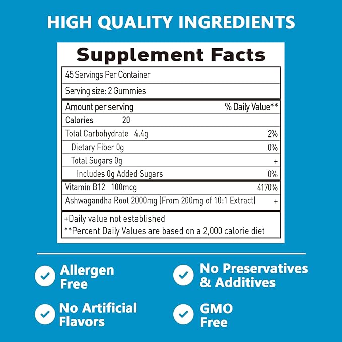 Ashwagandha Gummies 2000mg, Ashwagandha High Strength Root Extract Supplement with Vitamin B12 for Men Women, Strawberry Flavour 45 Days Supply 90 Gummies