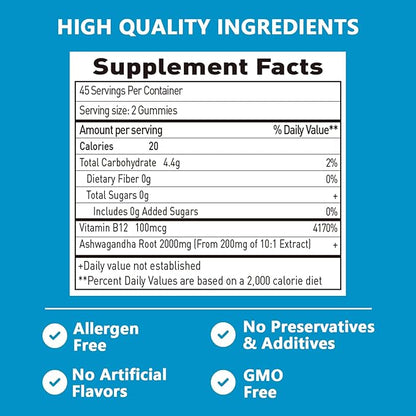 Ashwagandha Gummies 2000mg, Ashwagandha High Strength Root Extract Supplement with Vitamin B12 for Men Women, Strawberry Flavour 45 Days Supply 90 Gummies