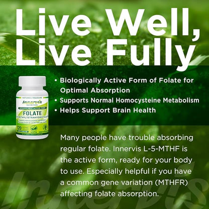 Bioavailable Active Form Folate L-5-MTHF BioActive Vitamin B9 Support Brain Health120 Vegetable Capsules Supplement